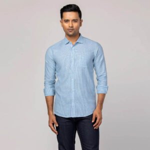 Blue/White Textured Cotton Fitted Shirt
