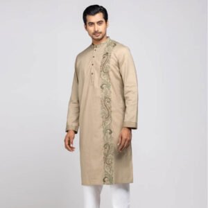 Brown Printed and Embroidered Cotton Panjabi