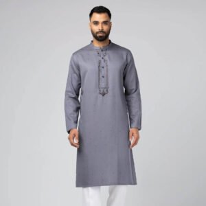 Grey Embroidered Viscose-Cotton Panjabi